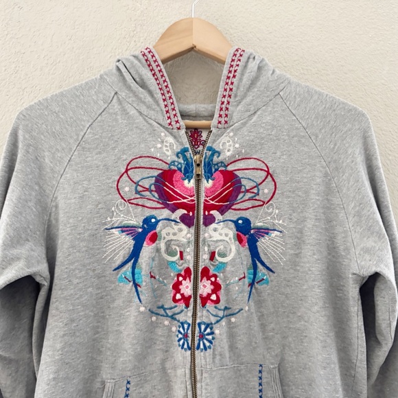 Johnny Was Full Zip Hoodie Medium Gray Embroidered Hummingbird Heart Boho Casual - Picture 4 of 11